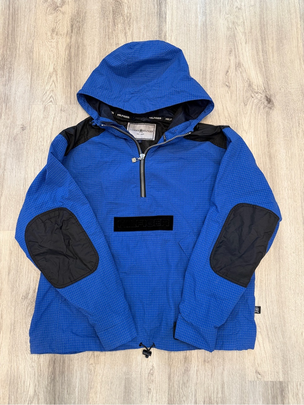 Tommy Hilfiger Blue Black Hooded Pullover Jacket Large Y2K